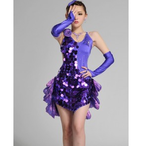 Violet purple red yellow turquoise sky blue sequins backless rhinestones girls children women's ladies female performance competition professional latin salsa samba cha cha dance dresses outfits